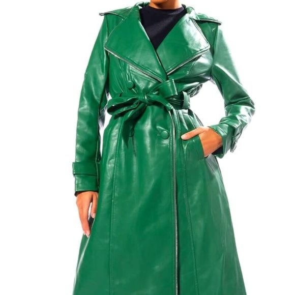 Miz Money Green: Unzipped Belted Vegan Leather Trench Jacket XL - Picture 2 of 9